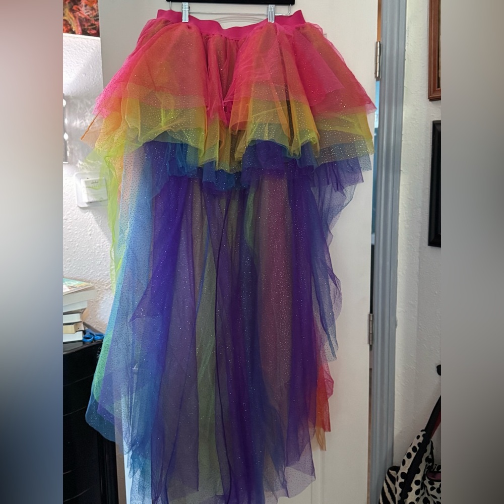 Rainbow Maxi Bubble Skirt with High-Low Ruffles
